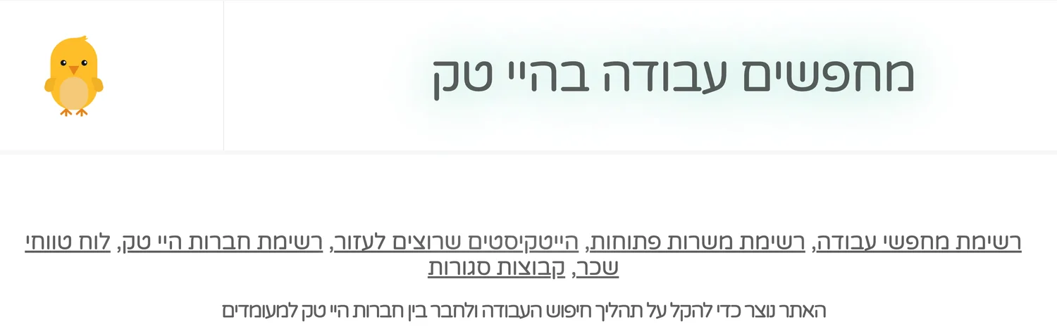 The first goozali.com: the yellow chick logo beside a large Hebrew heading reading “looking for work in hi-tech”, above a row of links to a job-seekers list, open roles, hi-tech people who want to help, companies, a salary-ranges board and closed groups